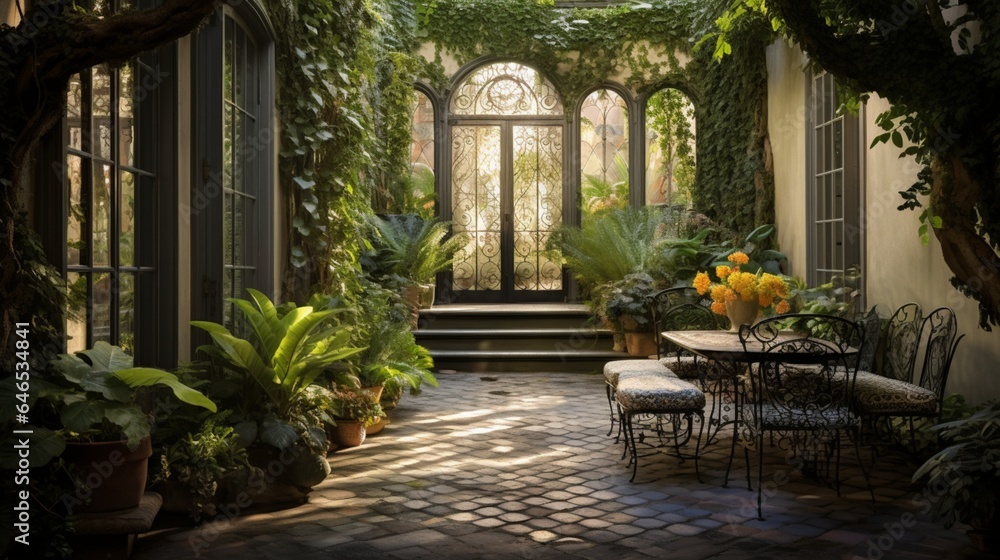 A hidden courtyard garden, tucked away behind ornate wrought-iron gates