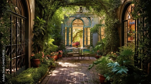 A hidden courtyard garden, tucked away behind ornate wrought-iron gates