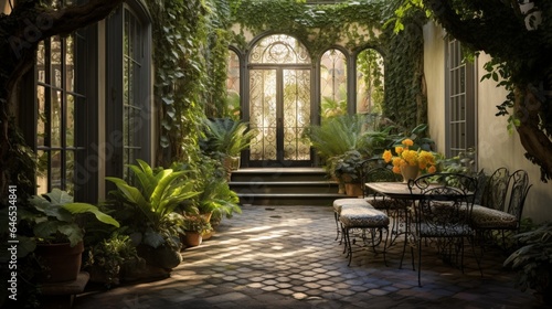 A hidden courtyard garden  tucked away behind ornate wrought-iron gates