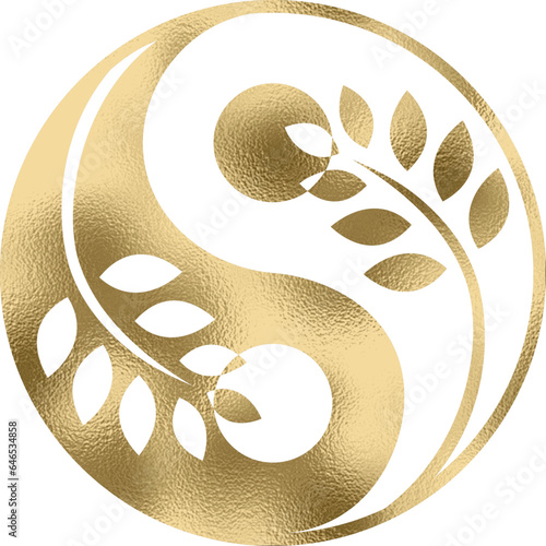 yin yang mit Pflanze in gold mit transparentem Hintergrund  photo