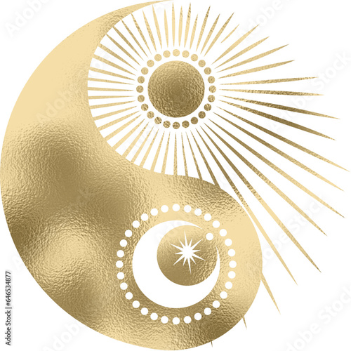 yin yang mit Sonne und Mond in gold mit transparentem Hintergrund 