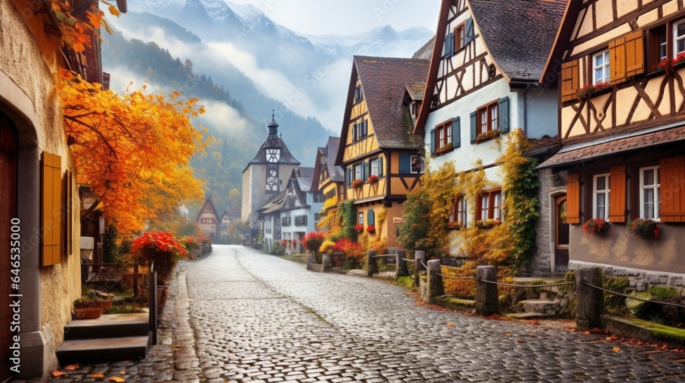 a historic mountain village in the midst of a colorful autumn, with golden leaves, half-timbered houses, and the warm embrace of fall frozen