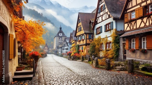 a historic mountain village in the midst of a colorful autumn, with golden leaves, half-timbered houses, and the warm embrace of fall frozen © ra0