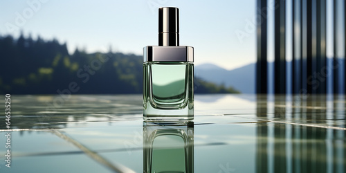 Parfüm Flacon auf einem Wasser Boden mit Berge im Hintergrund im Querformat für Banner, ai generativ