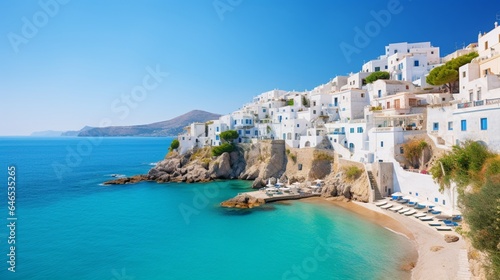 a Mediterranean coastal village, with whitewashed buildings, turquoise waters