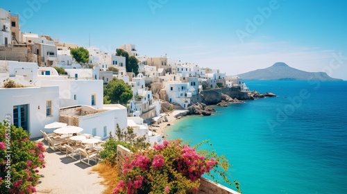 a Mediterranean coastal village, with whitewashed buildings, turquoise waters