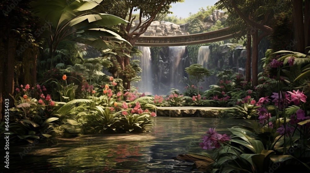 A modern botanical garden, showcasing exotic flora from around the world