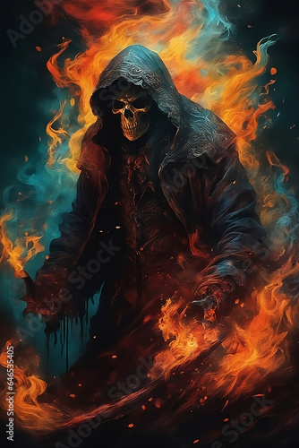 Skeleton Man with Human Skull in Fiery Splash Art - Surrealistic Firestorm, Colorful Smoke, Dark Fantasy Concept