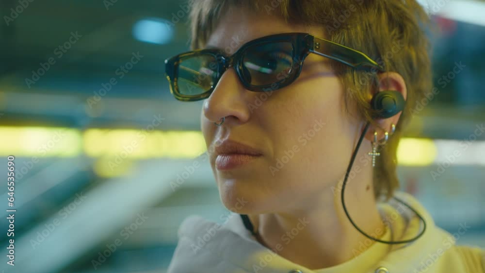 Young short-haired girl with nose piercing wearing wired earphones looking at camera and smiling on subway station. Close-up shot, video portrait Young short-haired girl with nose piercing wearing wired earphones looking at camera and smiling on subway station. Close-up shot, video portrait