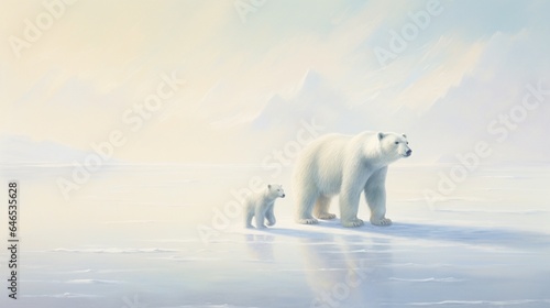 A mother polar bear and her cub, navigating a vast, pristine Arctic expanse