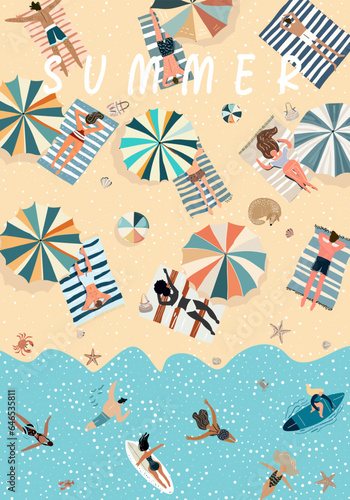 Vector illustration of the summer season. People doing summer sports and leisure activities at the beach, sea or ocean.