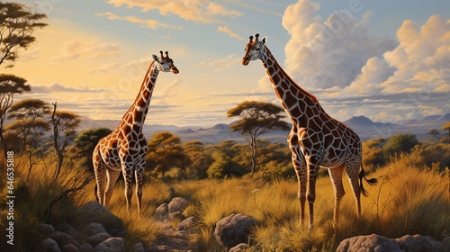 A pair of elegant giraffes gracefully grazing on lush, sunlit grasslands © ra0