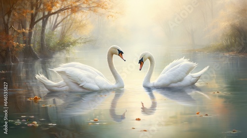 A pair of elegant swans gliding serenely on a tranquil  reflective lake