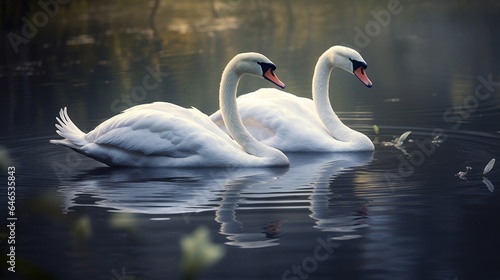 A pair of elegant swans gliding serenely on a tranquil  reflective lake
