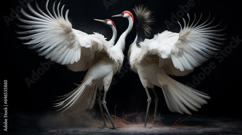 A pair of red-crowned cranes performing an elegant courtship dance