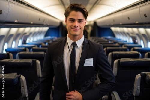 Smiling male flight attendant portrait standing in plane. Generative AI
