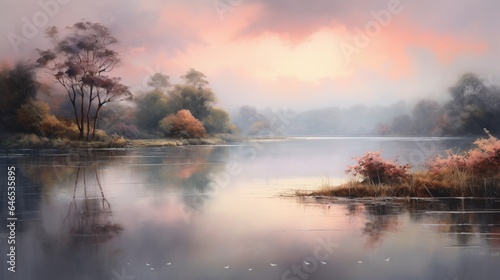 a peaceful lakeside at dawn  with mist rising from the calm water and the first light of day painting the landscape
