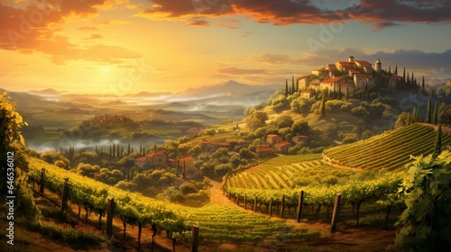 A picturesque vineyard on the outskirts of the city  bathed in golden sunlight