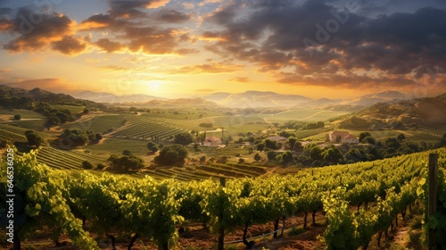 A picturesque vineyard on the outskirts of the city, bathed in golden sunlight