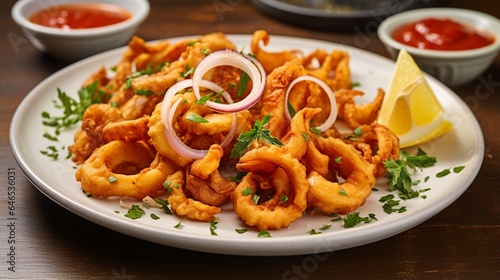 A plate of crispy calamari, served with zesty marinara sauce