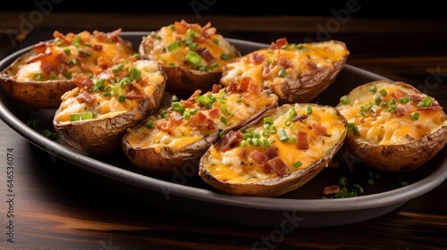 A plate of loaded potato skins, topped with bacon and cheddar
