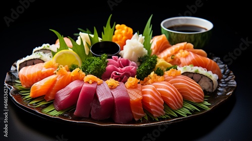 A platter of fresh, colorful sushi sashimi, elegantly presented
