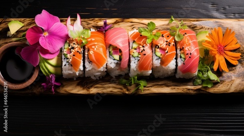 A platter of fresh, colorful sushi rolls with pickled ginger and wasabi