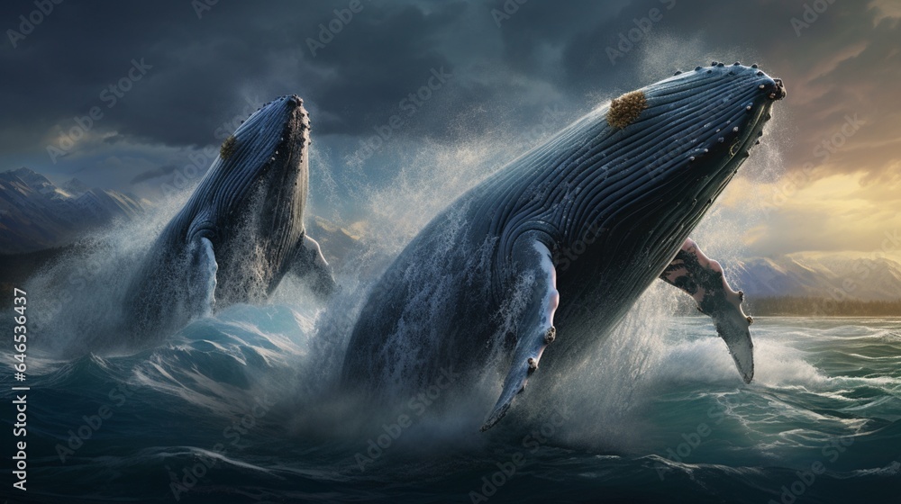 A pod of humpback whales breaching the surface in a dramatic ocean display - obrazy, fototapety, plakaty 