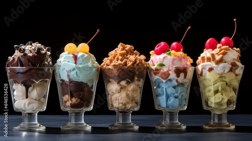 A playful lineup of ice cream sundaes with various toppings