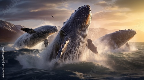 A pod of humpback whales breaching the surface in a dramatic ocean display © ra0