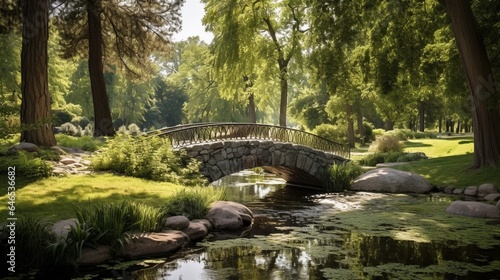 A pristine park with a tranquil pond and elegant stone bridges