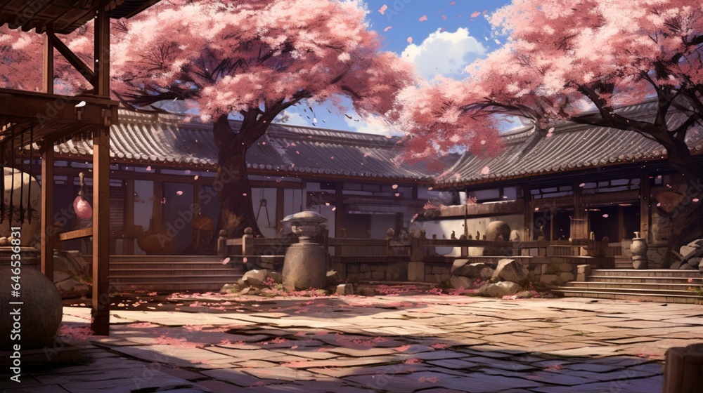 A quiet courtyard filled with blooming cherry blossoms