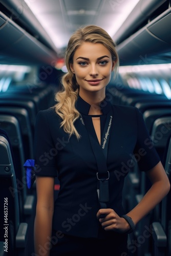 Beautiful stewardess, flight attendant standing in plane. Generative AI © piai