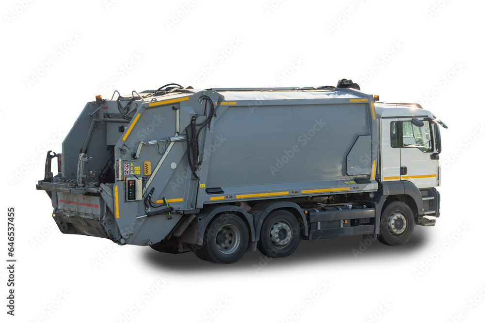 Garbage trucks into waste emptying containers for waste disposal, solate on white background, Clipping path.