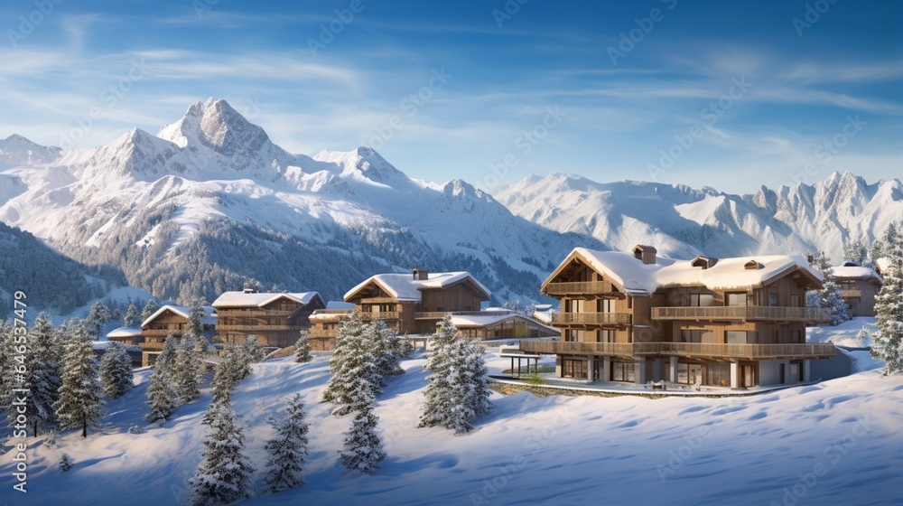 a serene mountain village, with wooden chalets, snow-capped peaks, and the pristine beauty of alpine living
