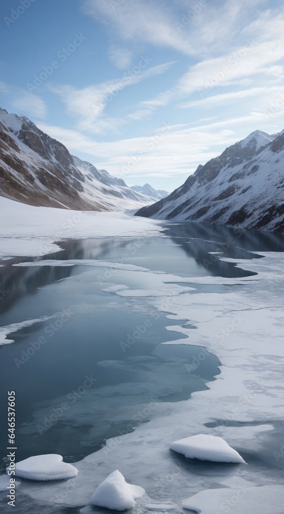 winter lake in the mountains, lake and mountains in the winter, winter scene in mountains, polar scene