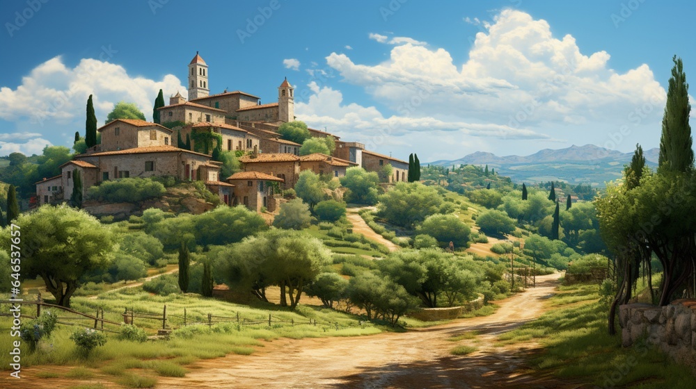 a serene village square in a Tuscan village, with vineyards, olive groves