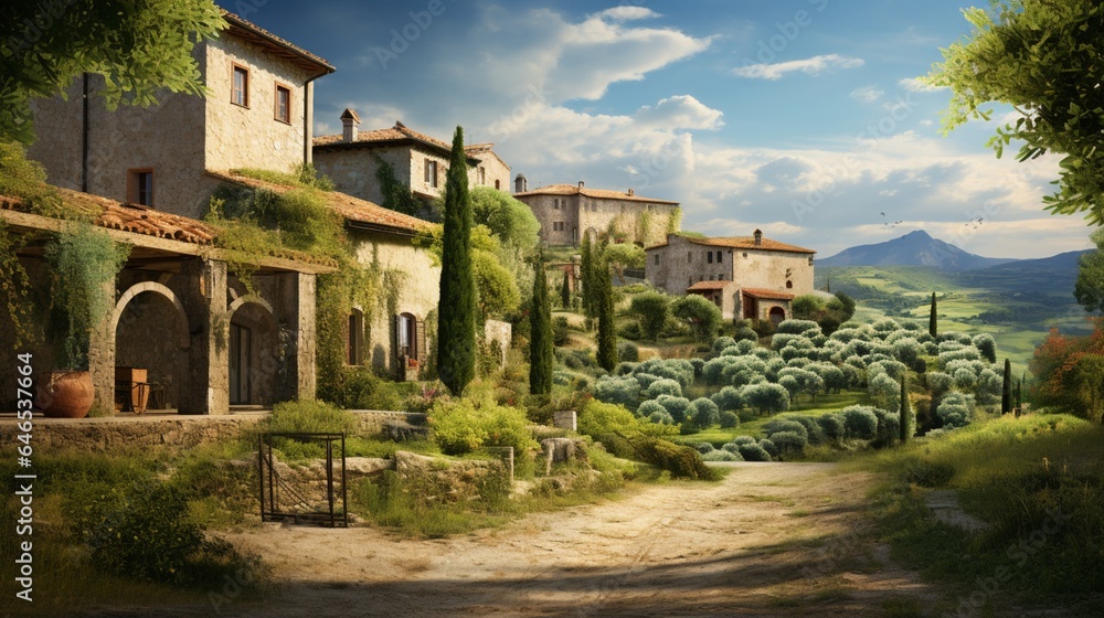 a serene village square in a Tuscan village, with vineyards, olive groves