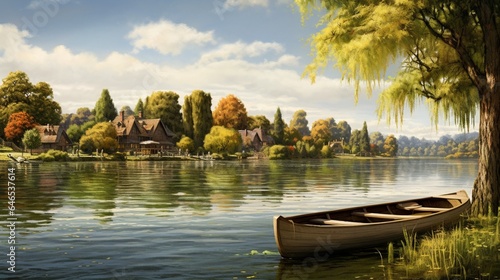 a serene village by a tranquil lake, with rowboats, willow trees, and the quiet allure of lakeside living
