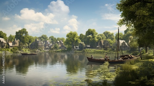 a serene village by a tranquil lake  with rowboats  willow trees  and the quiet allure of lakeside living