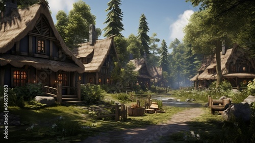 a serene village nestled within a forest, with wooden cabins, winding trails, and the natural beauty of woodland living