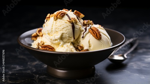 A serving of creamy praline pecan ice cream, studded with caramelized nuts