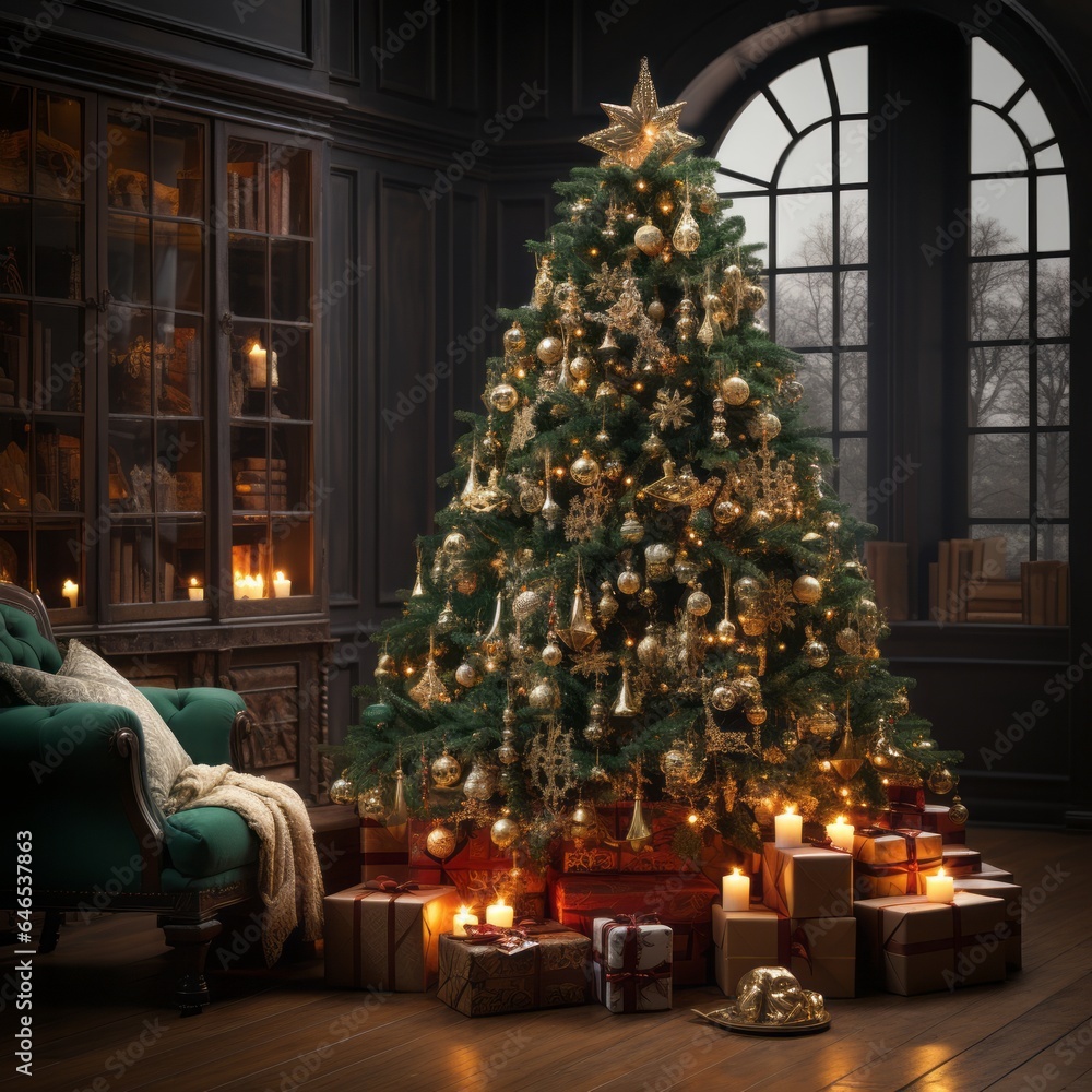 Christmas tree with gifts and decorations in an expensive living room, generative ai 