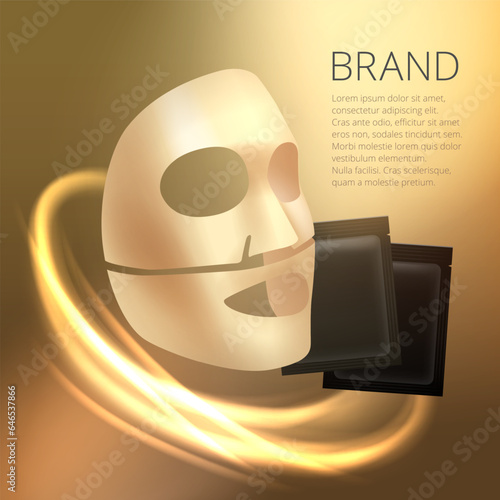Sheet face mask advertisement concept. Cotton or gel gold face mask with package and text block. Vector realistic illustration