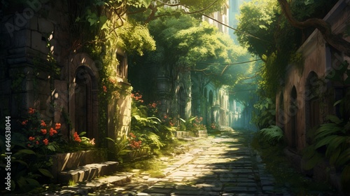 A sun-dappled alleyway, with sunlight filtering through lush foliage
