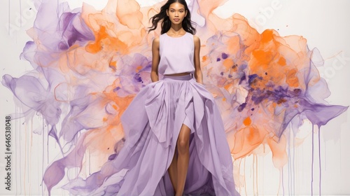 A sketch of a dark-skinned Fashion Week model, liner, watercolor, pastel blue, yellow, lilac color.