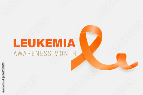Leukemia, Blood Cancer Banner, Card, Placard with Vector 3d Realistic Orange Ribbon on White Background. Leukemia Cancer Awareness Month Symbol Closeup, September. World Leukemia Cancer Day Concept