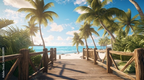 A sun-soaked boardwalk along the beach, with palm trees swaying in the breeze