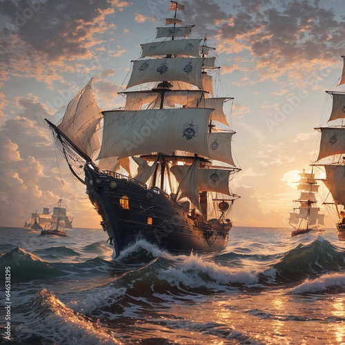 Barcos piratas arribando con el amanecer 