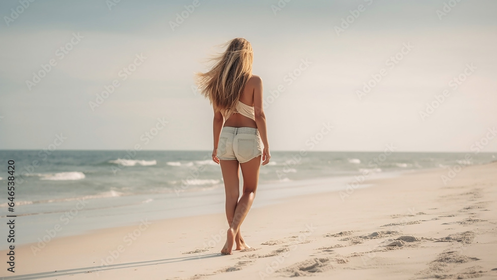 Beautiful young woman on a sandy tropical sea beach, view from the back. Generative AI Beautiful young woman on a sandy tropical sea beach, view from the back. Generative AI